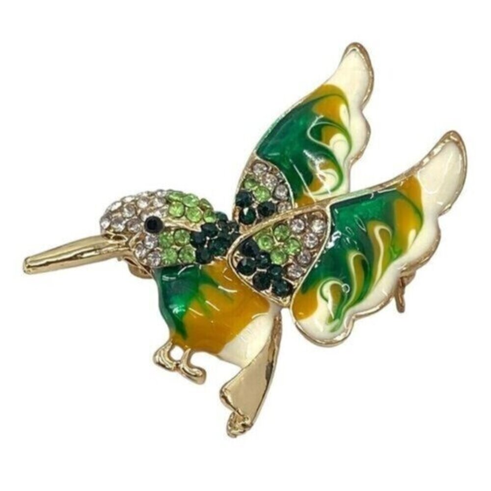 Vintage Hummingbird Brooch Green White Enamel Rhinestone Bird